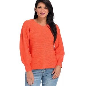 Women’s Theo & Spence Orange Rib Knit Balloon‎ Sleeve V-Neck Sweater